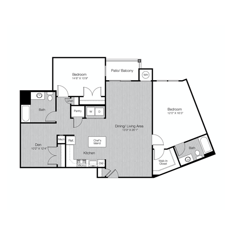 Floor plan for 2 beds, 2 baths, 1416 sqft