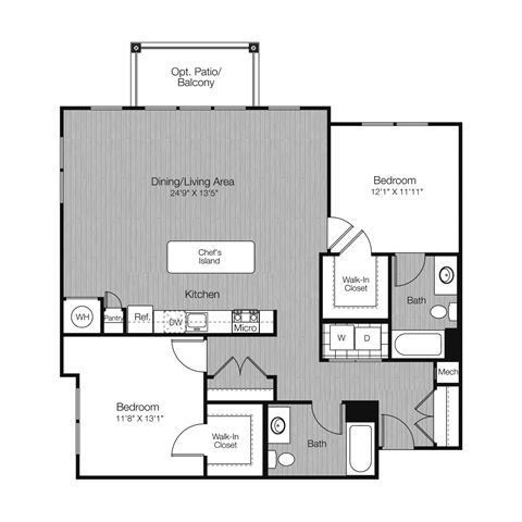 Floor plan for 2 beds, 2 baths, 1261 sqft