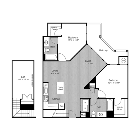 Floor plan for 2 beds, 2 baths, 1319 sqft