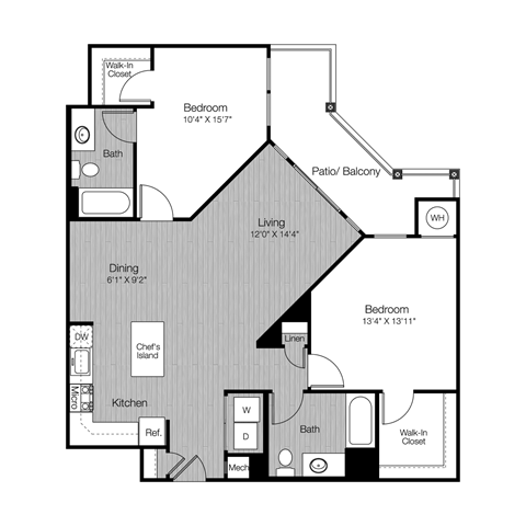 Floor plan for 2 beds, 2 baths, 1165 sqft