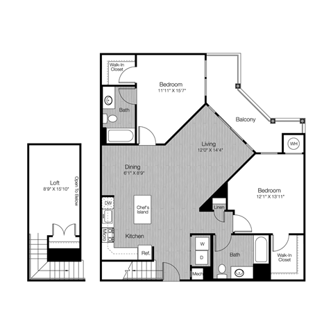 Floor plan for 2 beds, 2 baths, 1308 sqft