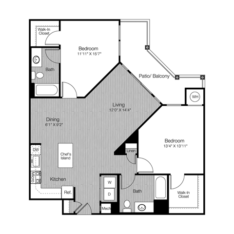 Floor plan for 2 beds, 2 baths, 1154 sqft