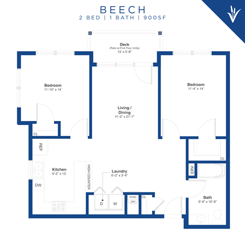 Floor plan for 2 beds, 1 bath, 900 sqft