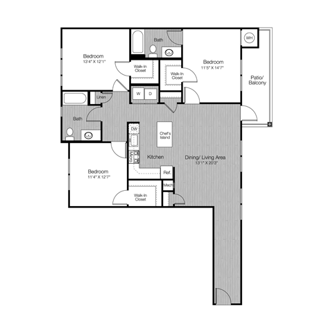 Floor plan for 3 beds, 2 baths, 1386 sqft