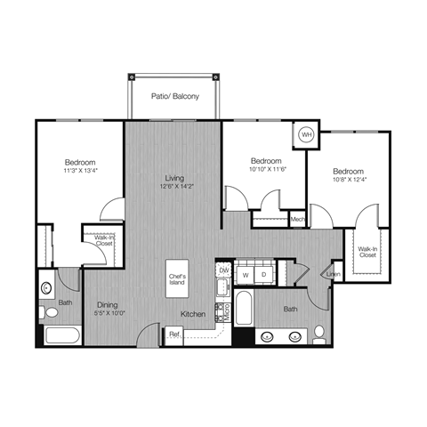 Floor plan for 3 beds, 2 baths, 1322 sqft