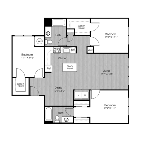 Floor plan for 3 beds, 2 baths, 1370 sqft