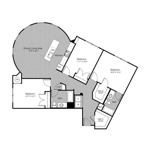 Floor plan for 3 beds, 2 baths, 1611 sqft