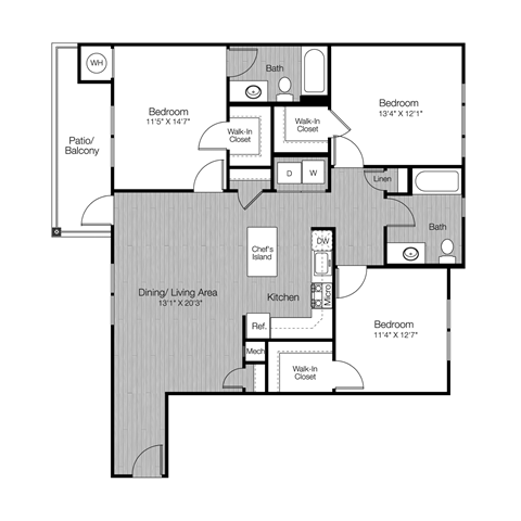 Floor plan for 3 beds, 2 baths, 1323 sqft