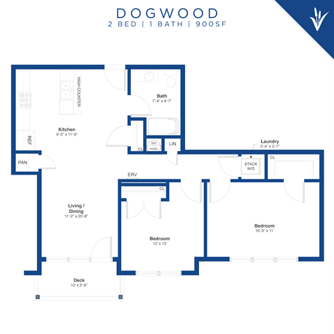 Floor plan for 2 beds, 1 bath, 900 sqft