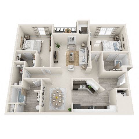 Floor plan for 2 beds, 2 baths, 1259 sqft