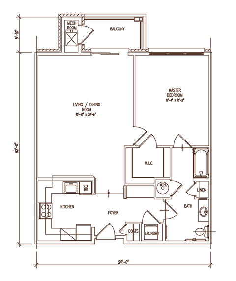 Floor plan for 1 bed, 1 bath, 1003 sqft