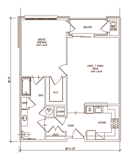 Floor plan for 1 bed, 1 bath, 985 sqft