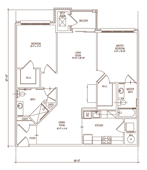 Floor plan for 2 beds, 2 baths, 1179 sqft