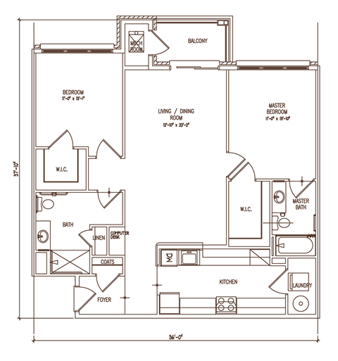 Floor plan for 2 beds, 2 baths, 1227 sqft