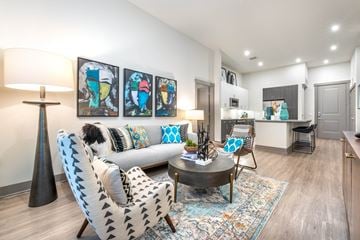 Mckinney apartment for rent - A living room with a grey couch and a coffee table.
