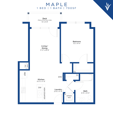 Floor plan for 1 bed, 1 bath, 700 sqft