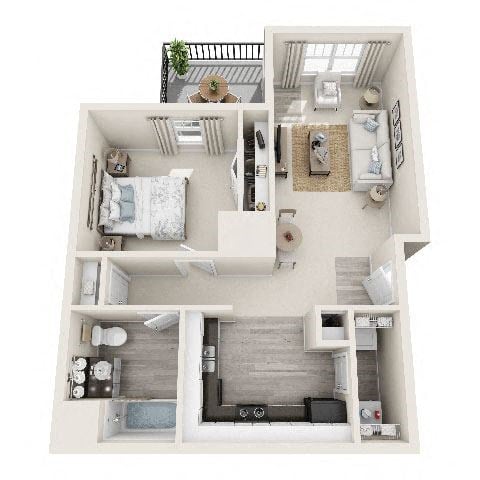 Floor plan for 1 bed, 1 bath, 716 sqft
