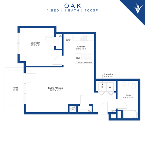 Floor plan for 1 bed, 1 bath, 700 sqft