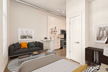 Denver apartment for rent - A living room with a grey couch and a grey rug.