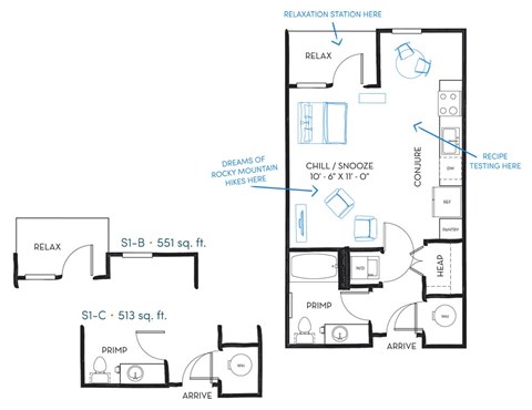 Floor plan for studio, 1 bath, 551 sqft