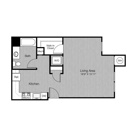 Floor plan for studio, 1 bath, 623 sqft