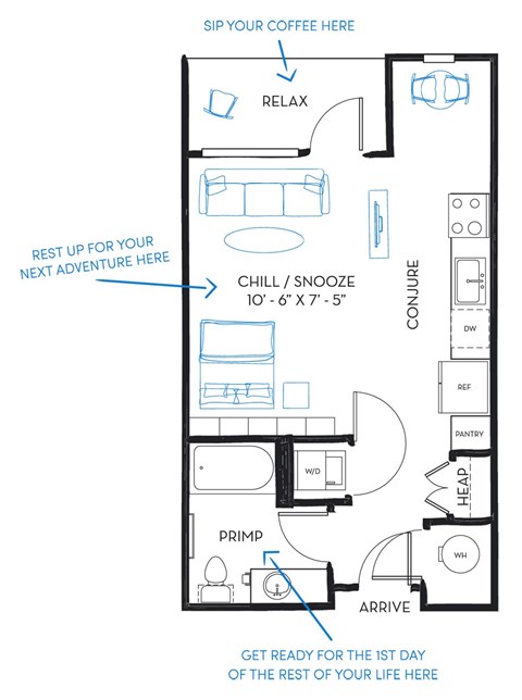 Floor plan for studio, 1 bath, 521 sqft