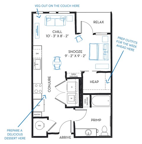 Floor plan for studio, 1 bath, 595 sqft