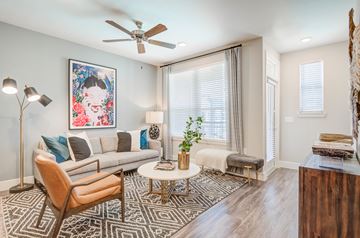 Allen apartment for rent - A living room with a patterned rug, a sofa, a chair, a coffee table, and a painting on the wall.