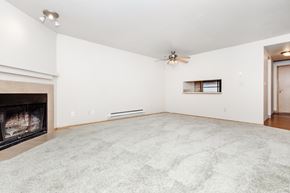 Tigard apartment for rent - A living room with a fireplace and a carpet.