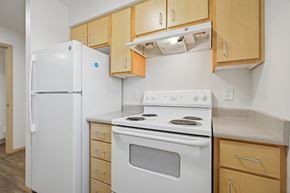 Portland apartment for rent - A white refrigerator and stove in a kitchen with wooden cabinets.