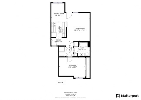 Floor plan for 1 bed, 1 bath, 697 sqft