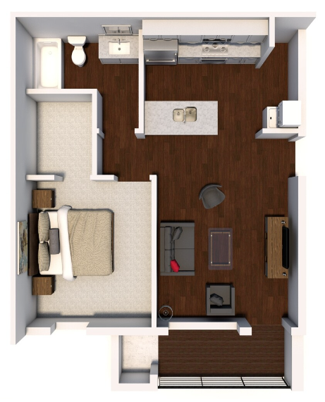 Floor plan for 1 bed, 1 bath, 684 sqft