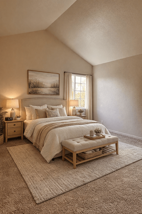 Hillsboro apartment for rent - A bedroom with a large bed and a wooden bench.