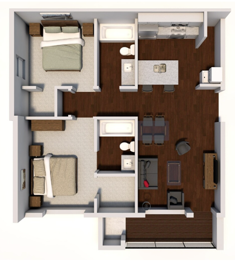 Floor plan for 2 beds, 2 baths, 956 sqft