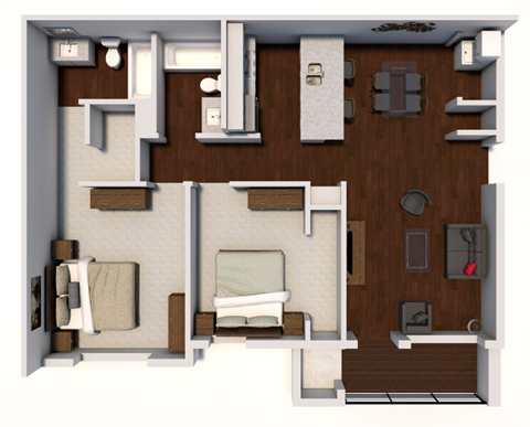 Floor plan for 2 beds, 2 baths, 1035 sqft
