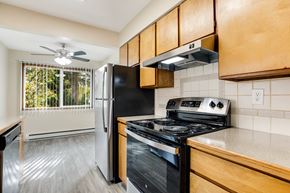 Beaverton apartment for rent - an updated kitchen with black appliances and wood cabinets
