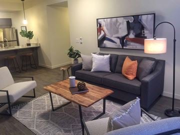 Vancouver apartment for rent - A modern living room with a grey couch, a wooden coffee table, and a large painting on the wall.
