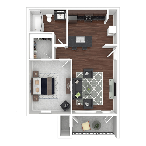 Floor plan for 1 bed, 1 bath, 684 sqft