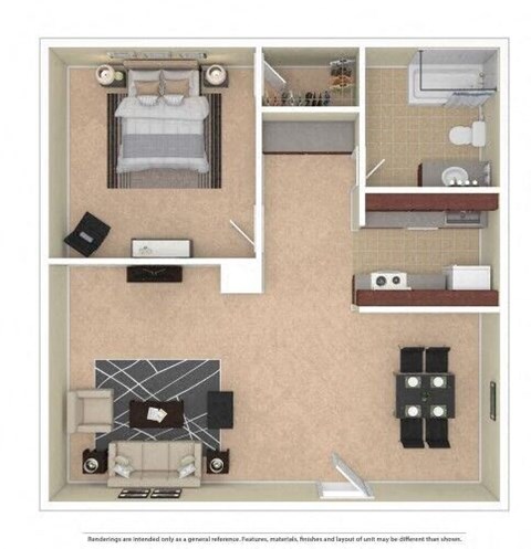 Floor plan for 1 bed, 1 bath, 483 sqft