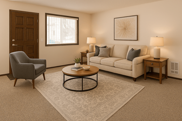 Salem apartment for rent - A living room with a grey armchair, a white sofa, a coffee table, and two lamps.
