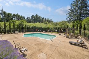 Salem triplex for rent - A pool surrounded by trees and purple flowers.