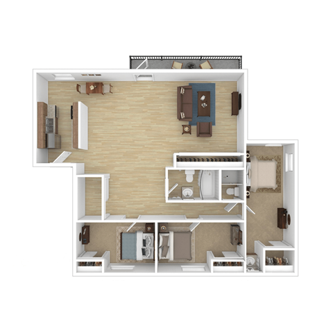 Floor plan for 3 beds, 2 baths