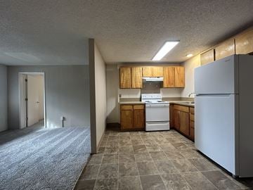 Vancouver apartment for rent - A kitchen with a white refrigerator and wooden cabinets.