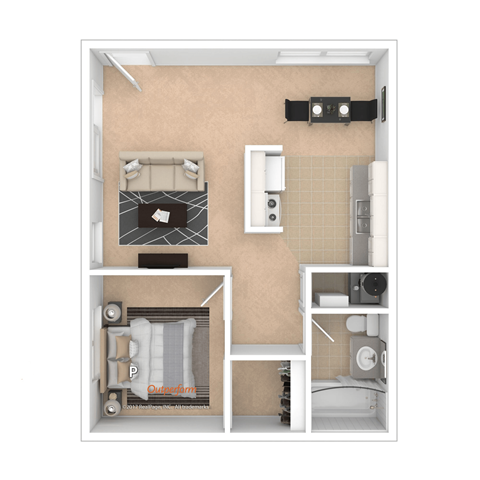 Floor plan for 1 bed, 1 bath, 535 sqft