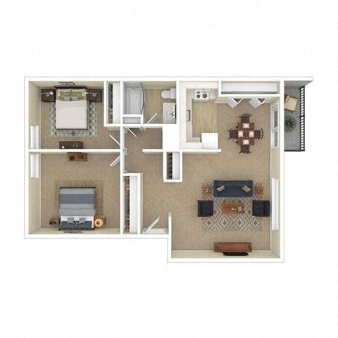 Floor plan for 2 beds, 1 bath, 975 sqft