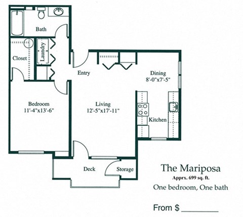 Floor plan for 1 bed, 1 bath, 699 sqft