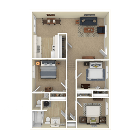 Floor plan for 3 beds, 1.5 baths, 910 sqft
