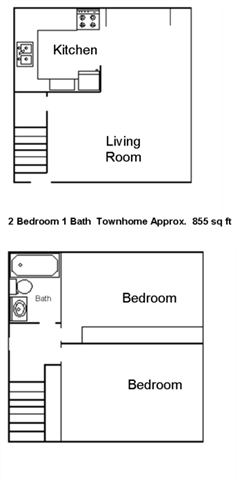 Floor plan for 2 beds, 1 bath, 850 sqft