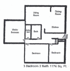 Floor plan for 3 beds, 2 baths, 1174 sqft