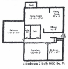 Floor plan for 3 beds, 2 baths, 1060 sqft